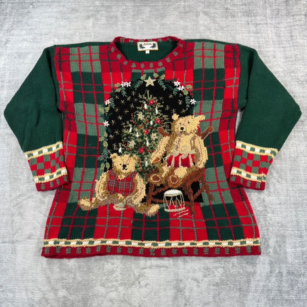 Episcia Christmas Sweater Womens Large Handknit Plaid Teddy Bear Beaded Festive